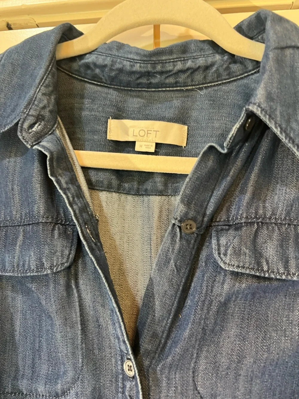 LOFT Blue Denim Button-Front Shirt Dress with Tie Waist MEDIUM - Picture 4 of 6